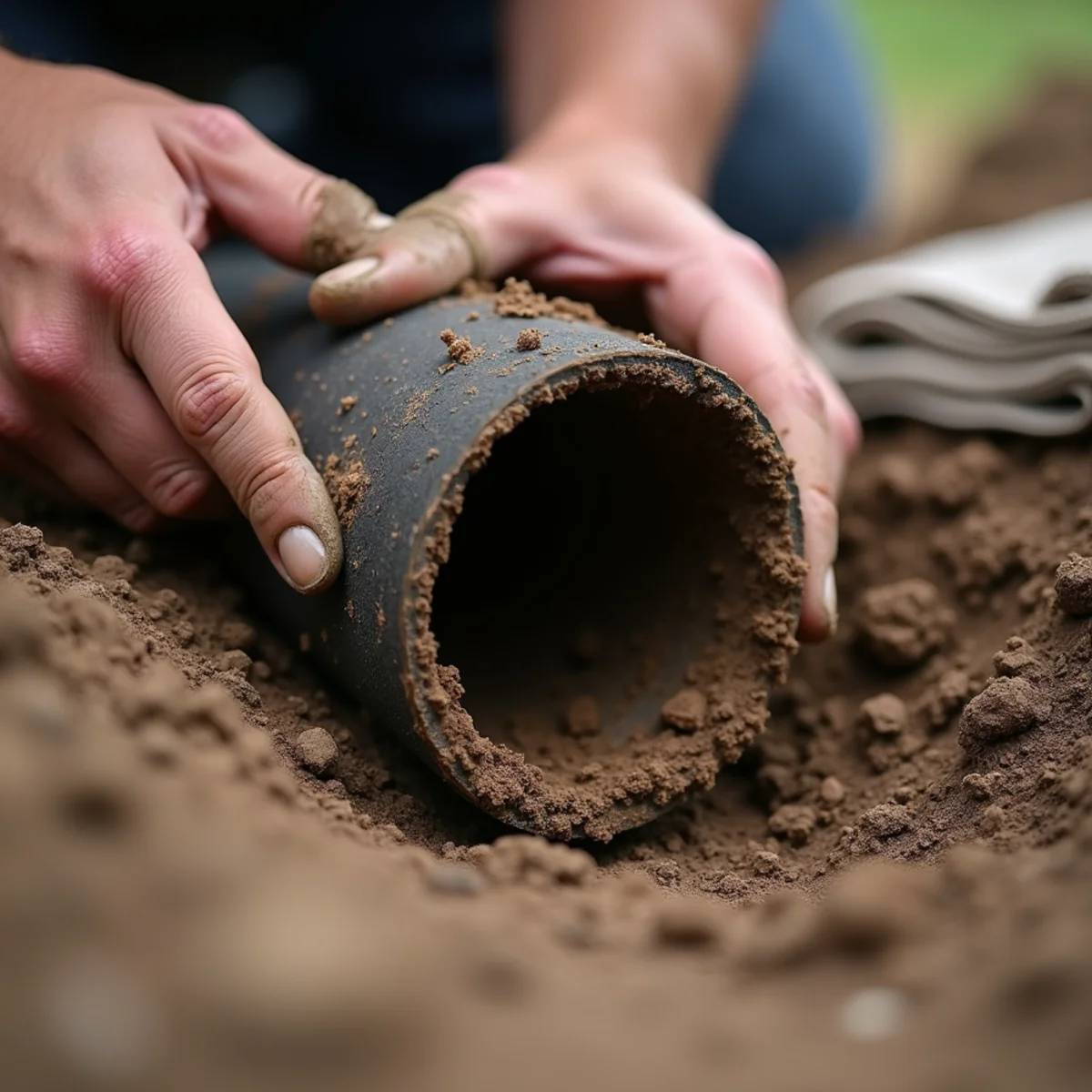 Cross-section of collapsed oval bituminized fiber Orangeburg sewer pipe