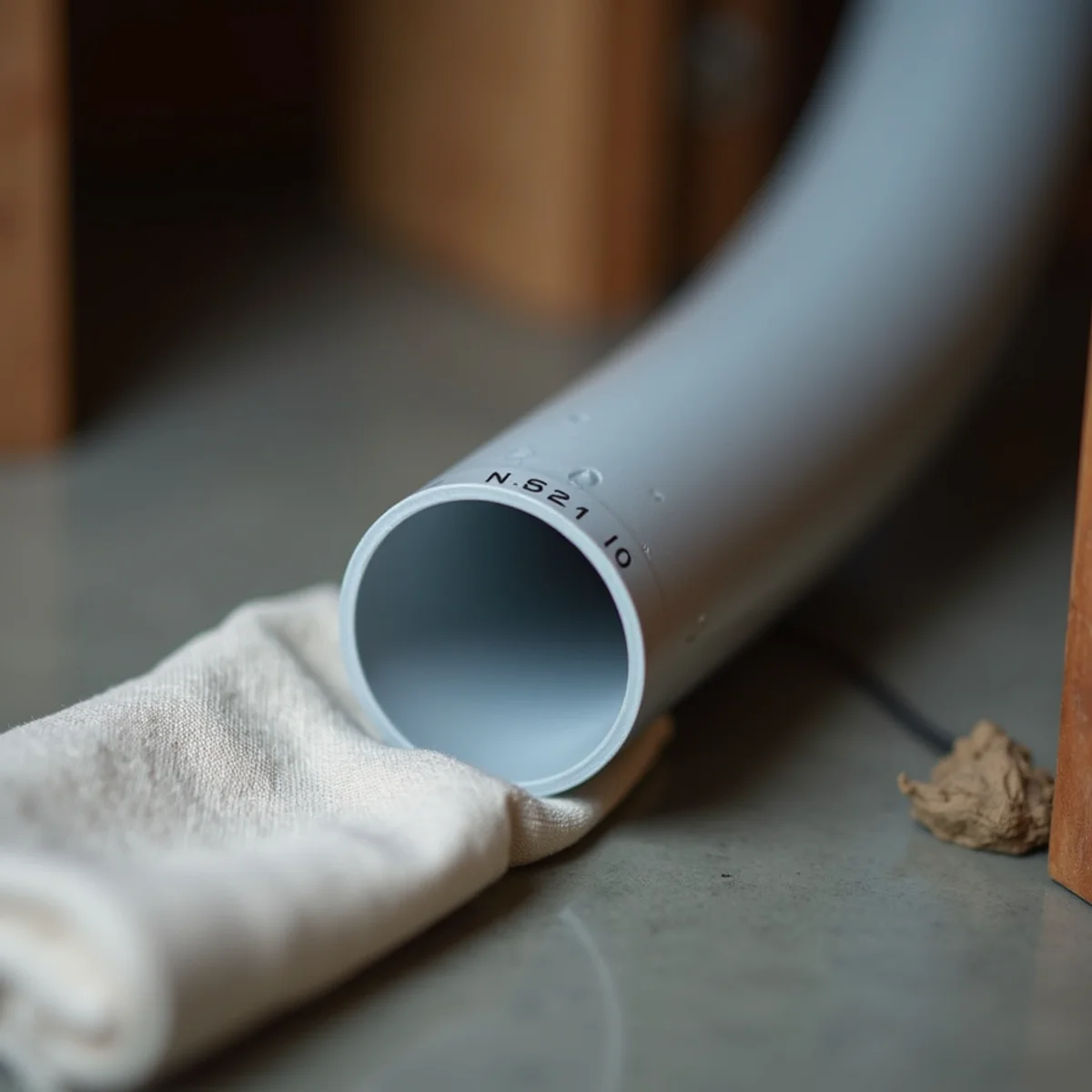 Close-up of gray flexible polybutylene plastic water pipe with stamped code