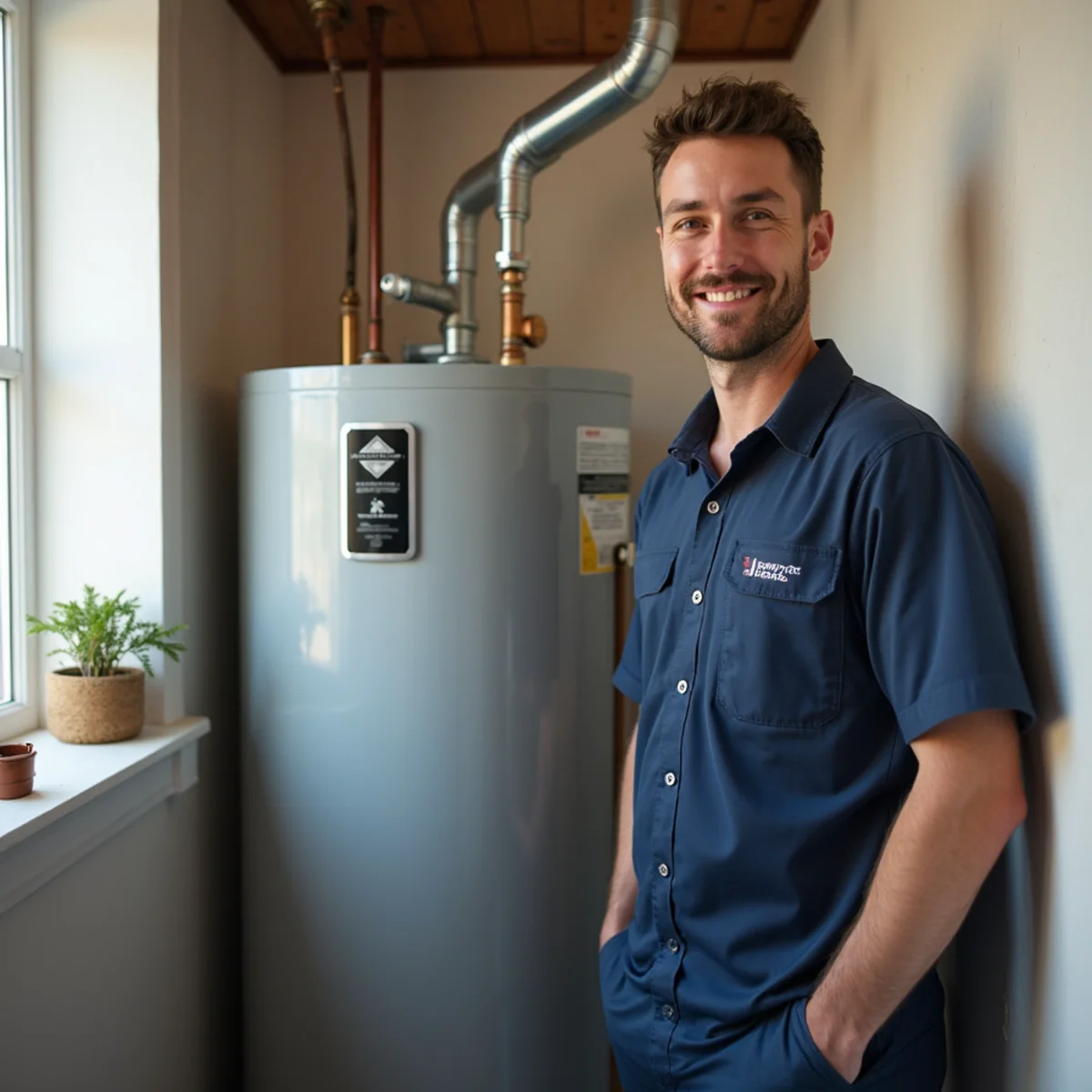 Standard 50-gallon natural gas storage tank water heater in utility room